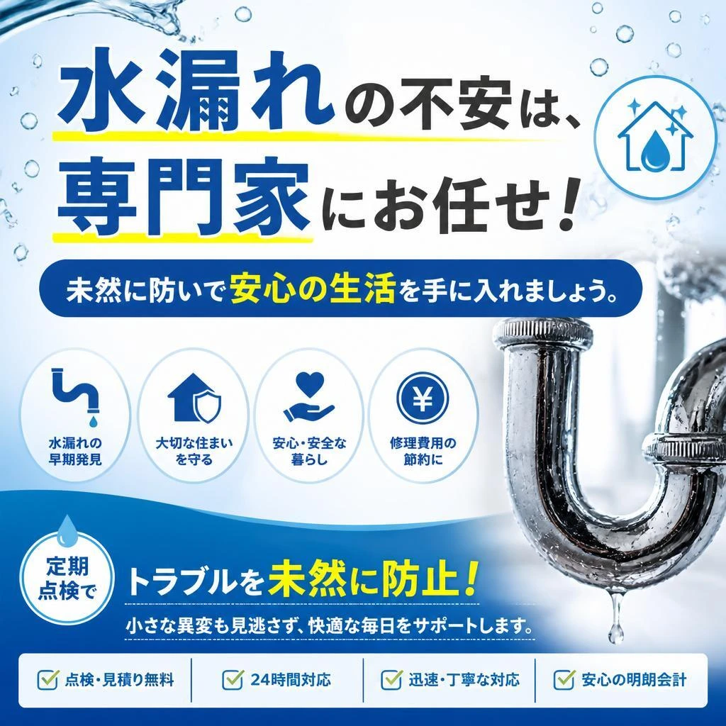 水漏れの不安は、専門家にお任せ！未然に防いで安心の生活を手に入れましょう。